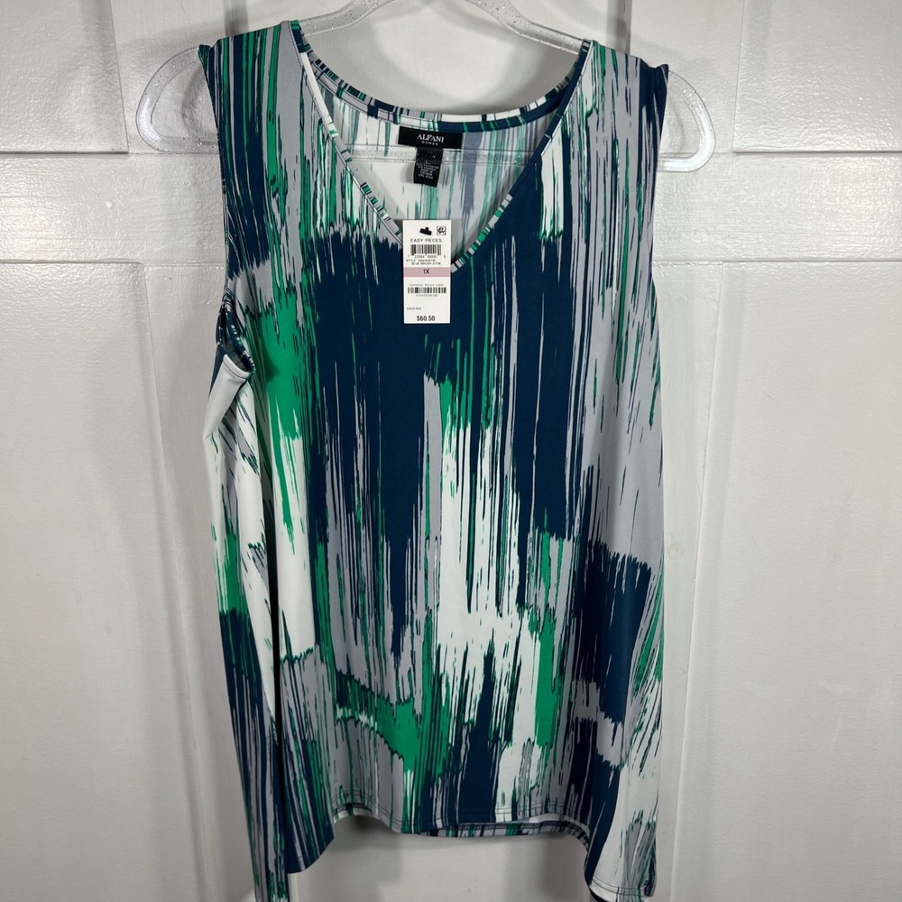 Alfani Woman Plus Size 1X Blue Brush Stroke V-Neck Shell Top 100018197W NEW